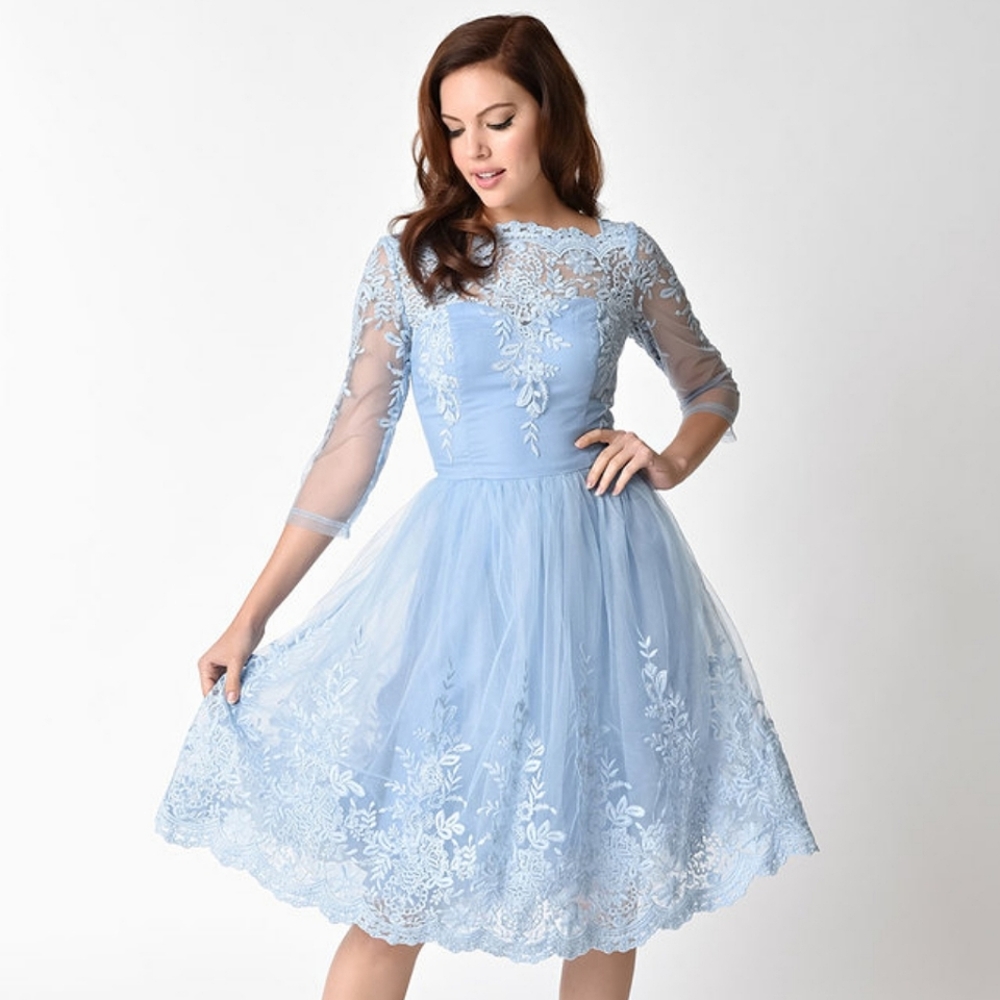 Chi Chi London US 6/UK 10 1950s Style Blue Mesh Sleeved Emmie-Rose Swing Dress